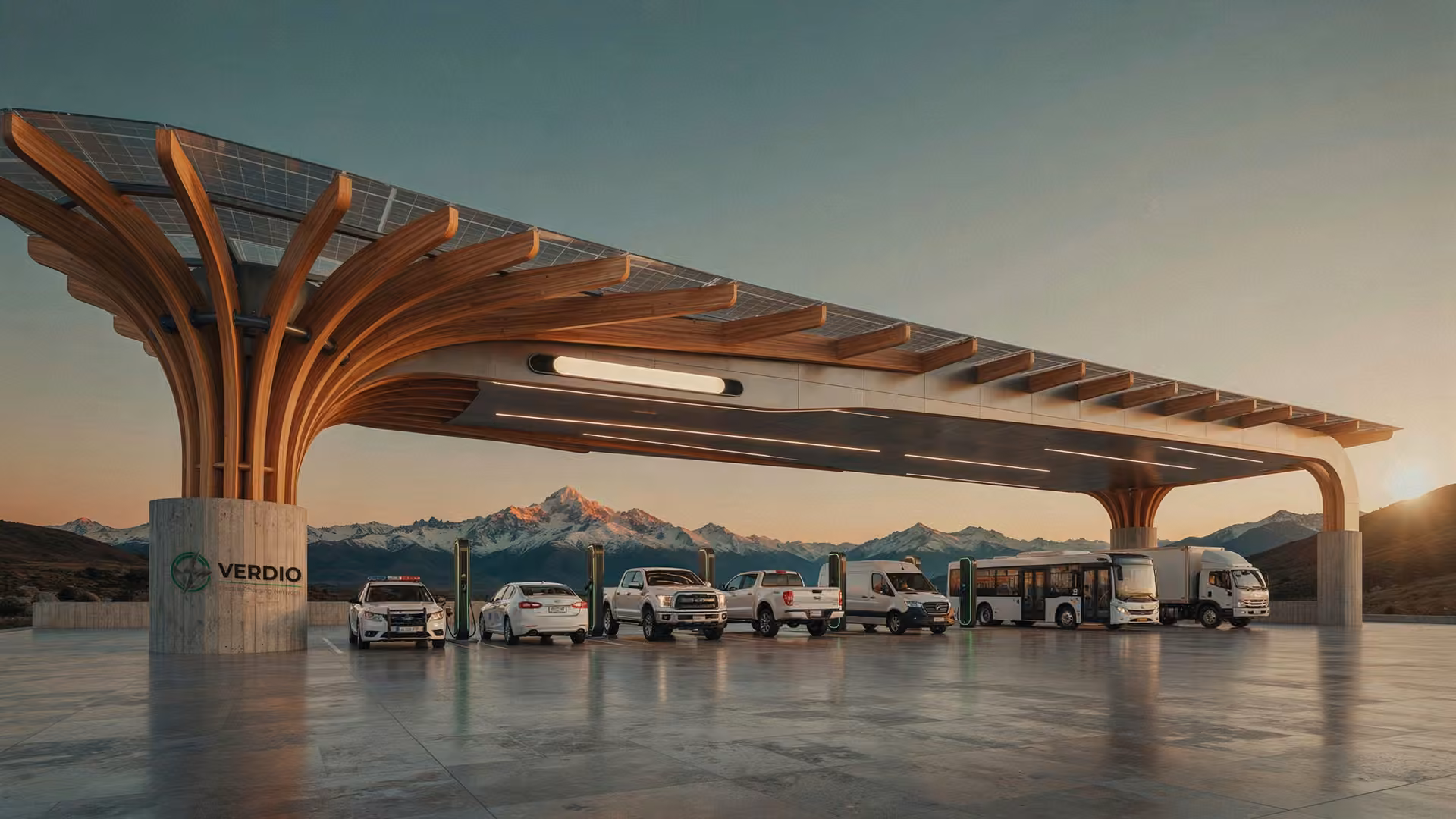 Estación de carga Verdio con flota eléctrica: patrullas municipales, camionetas, van, bus y camión